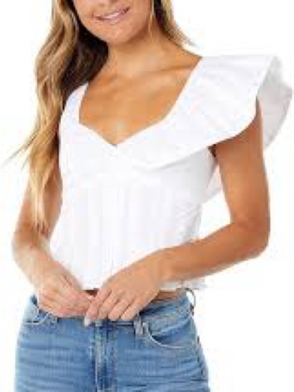 Bardot White Ruffle Sleeve V-Neck Crop Top